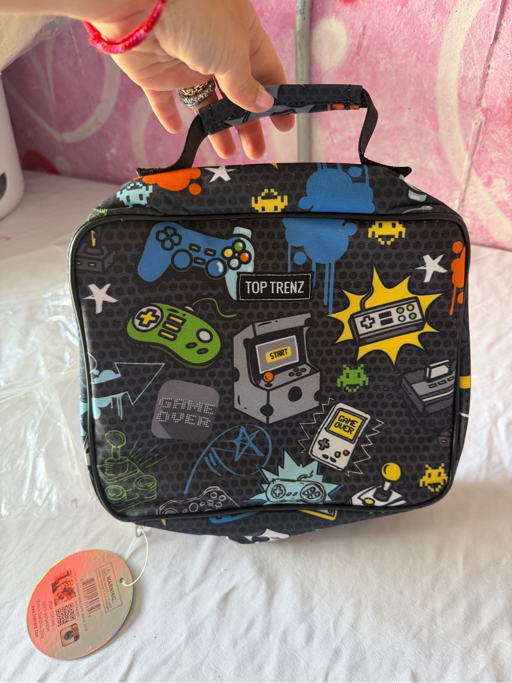 Top Trenz Retro Gamer Lunch Bag - Black with Multicolor Console Print